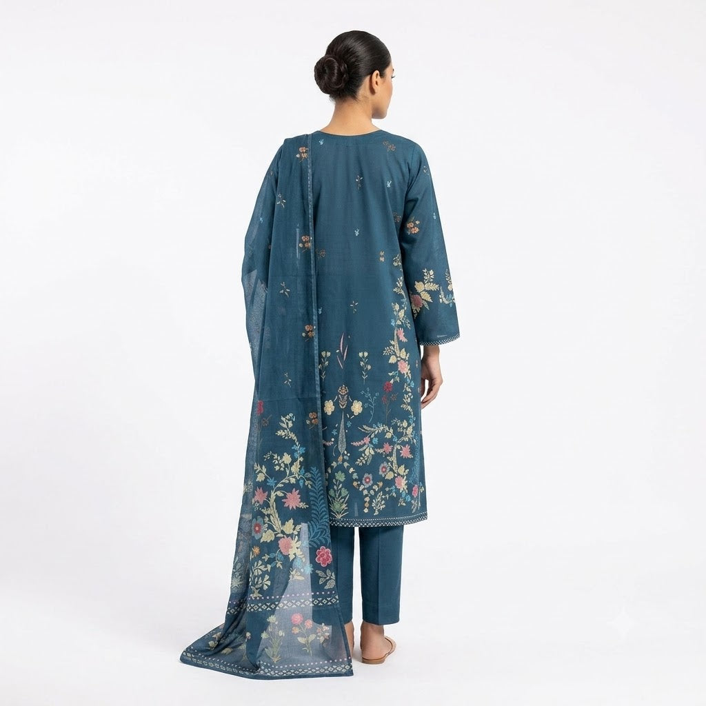 Teal Blue - Printed Shalwar Kameez with Dupatta